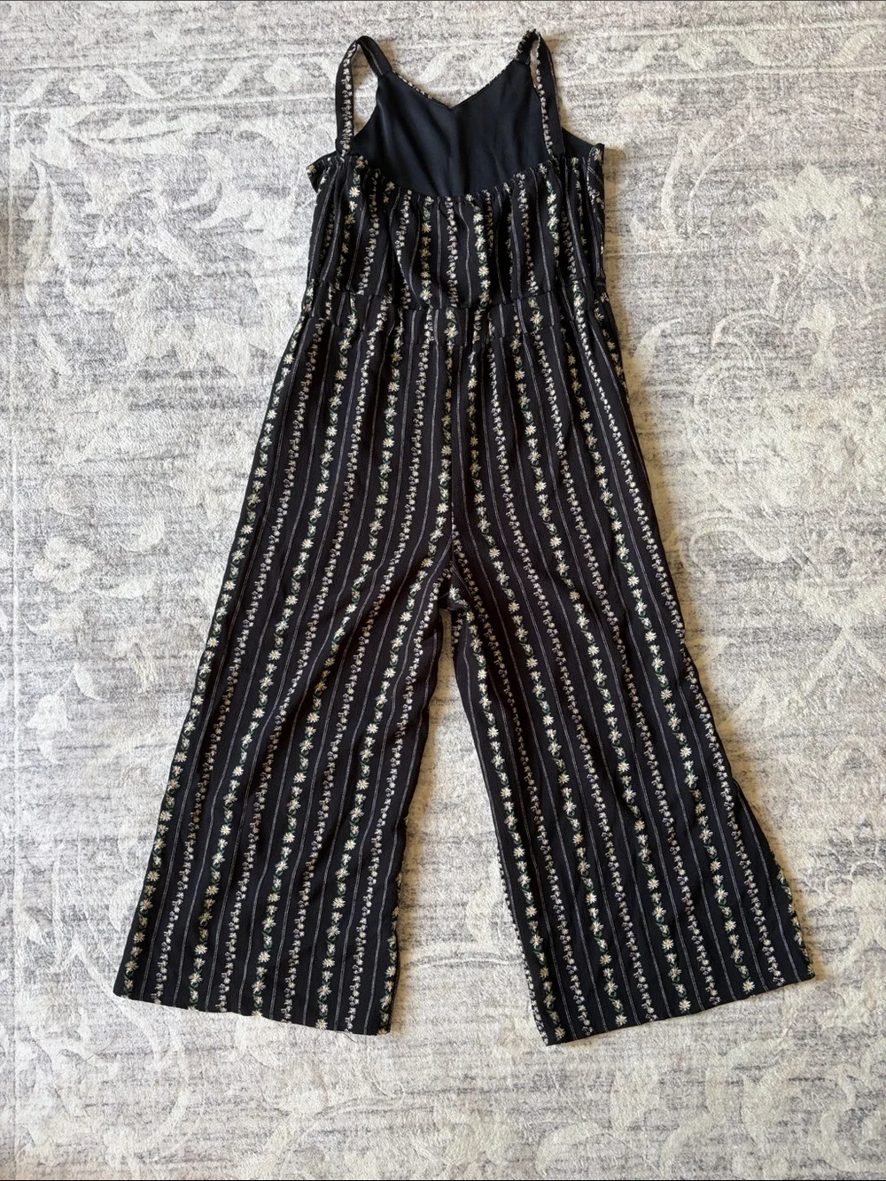 Girl’s Black Floral-Stripe Wide-Leg Jumpsuit and White Sweater